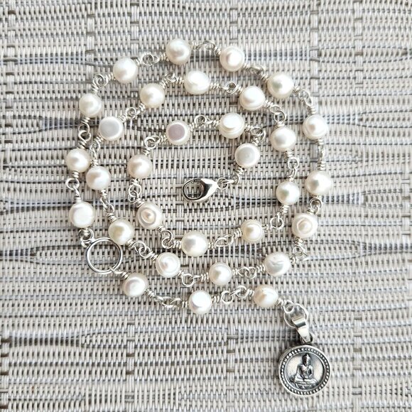 MINI WHITE FRESHWATER PEARL NECKLACE W/ 925 SILVER BUDDHA CHARM - Picture 6 of 6